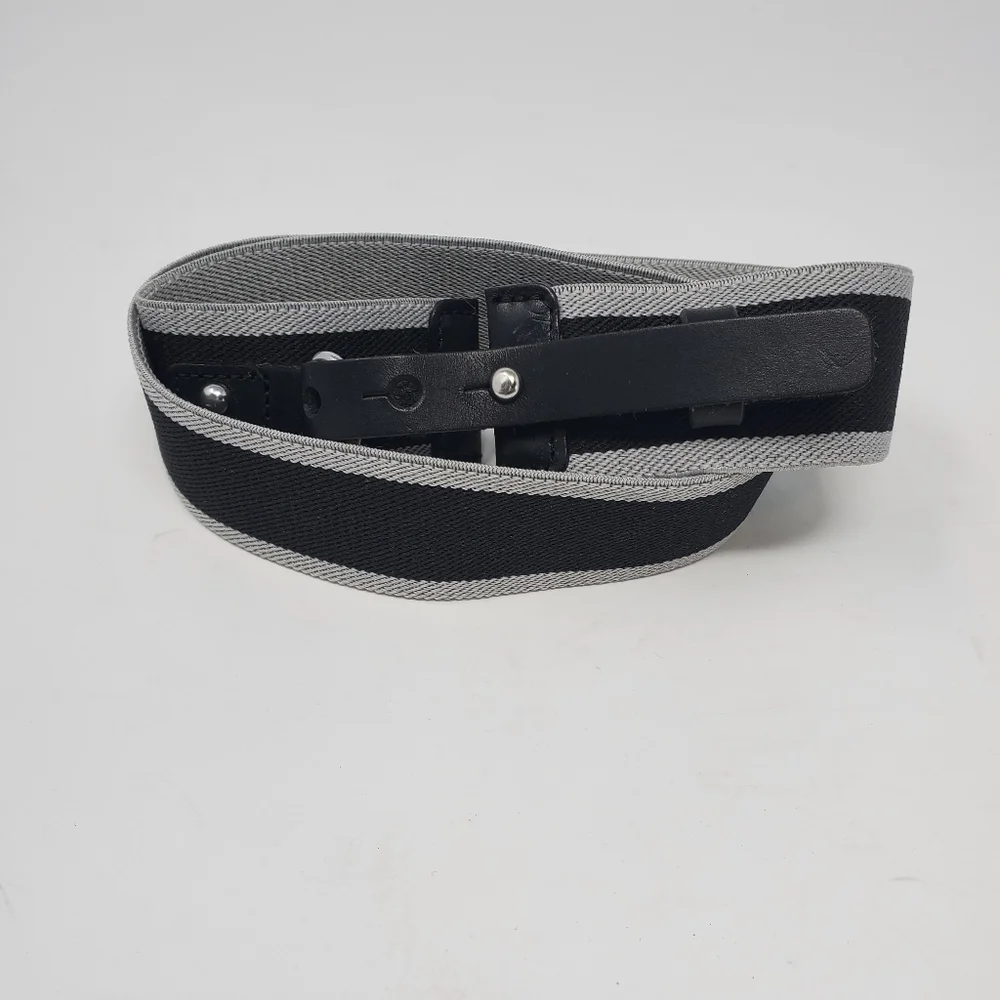 LOFT BLACK GREY STRIPE STRETCH BELT BLACK LEATHER FOLD OVER BUCKLE WOMEN OS